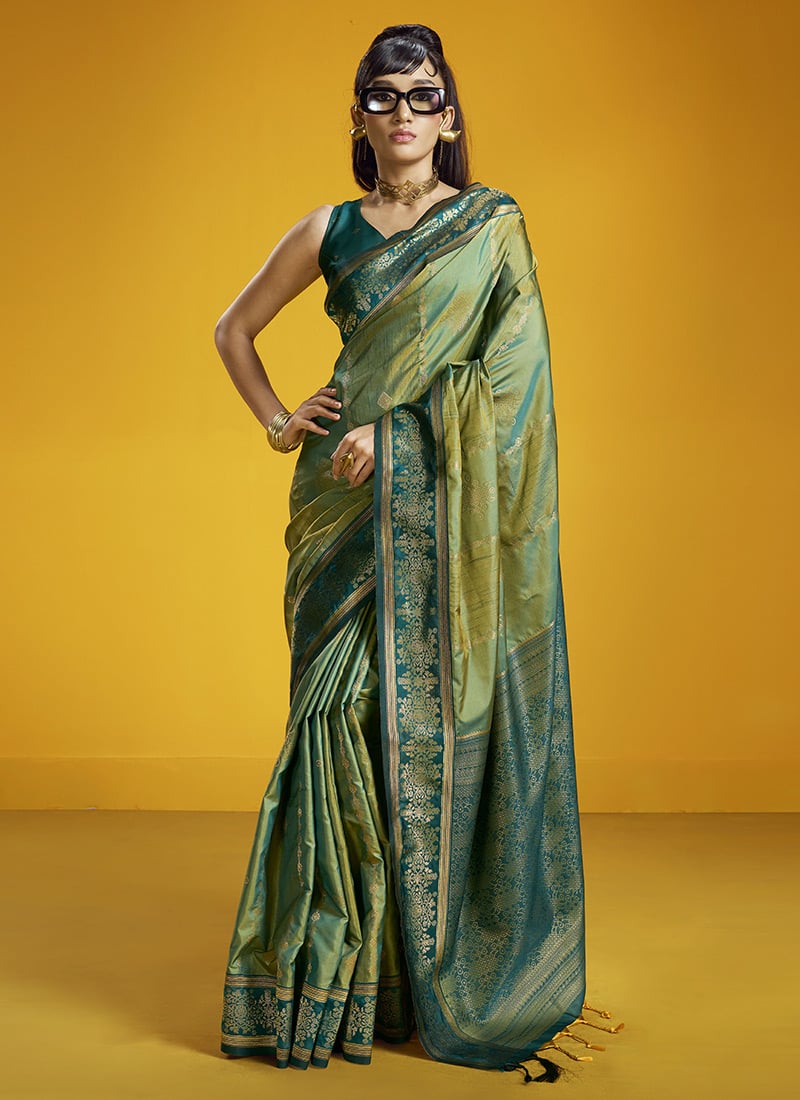 Elegant Sea Green Art Silk Handloom Zari Weaving Saree Festive Wear