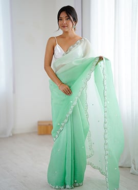 Elegant Sea Green Chiffon Crush Sequins Beads Cut Work Cutdana Saree