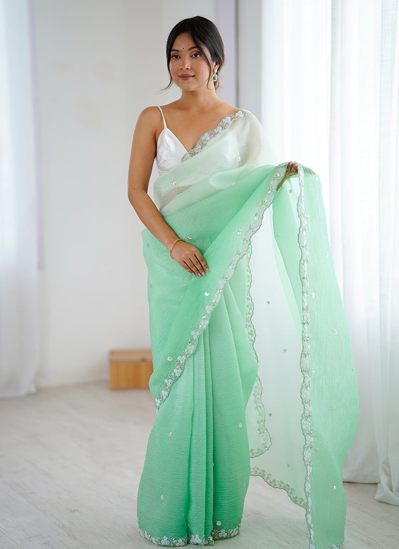 Elegant Sea Green Chiffon Crush Sequins Beads Cut Work Cutdana Saree After Six Wear