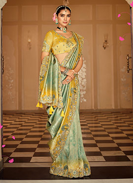 Elegant Sea Green Soft Silk Zari Weaving Heavy Thread Embroidery Khatli Work Saree