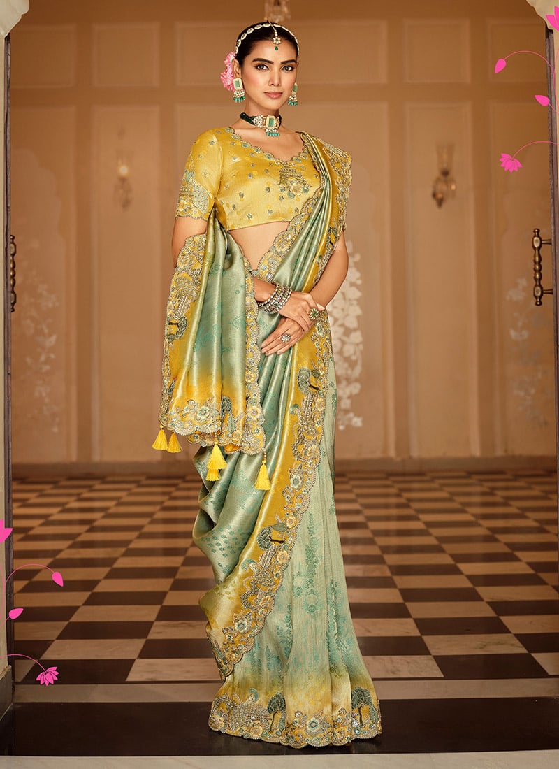 Elegant Sea Green Soft Silk Zari Weaving Heavy Thread Embroidery Khatli Work Saree Wedding Wear