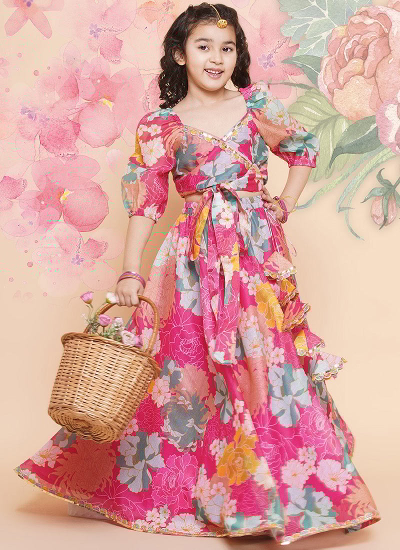 Elegant Silk Printed Kids Girls Umbrella Lehenga