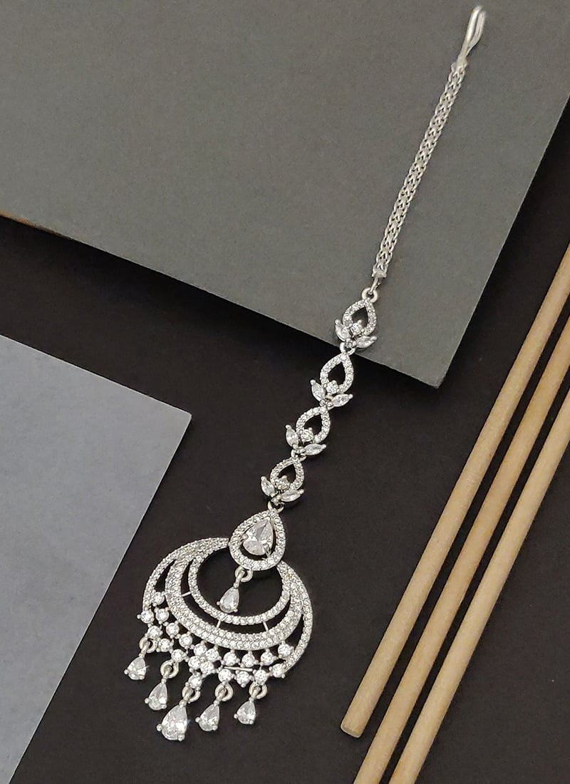 Elegant Silver Kundan Stones American Diamond Mangtikka Festive Wear