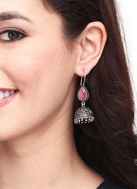 Elegant Silver Oxidised Stone Jhumka