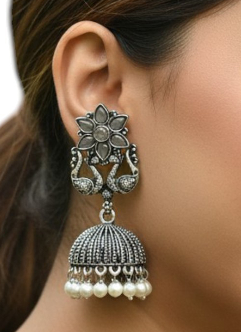 Elegant Silver Plated Kundan Moti Oxidised Jhumka Festive Wear
