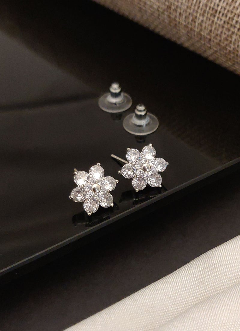 Elegant Silver Stones Cubic Zircon American Diamond Studs Festive Wear