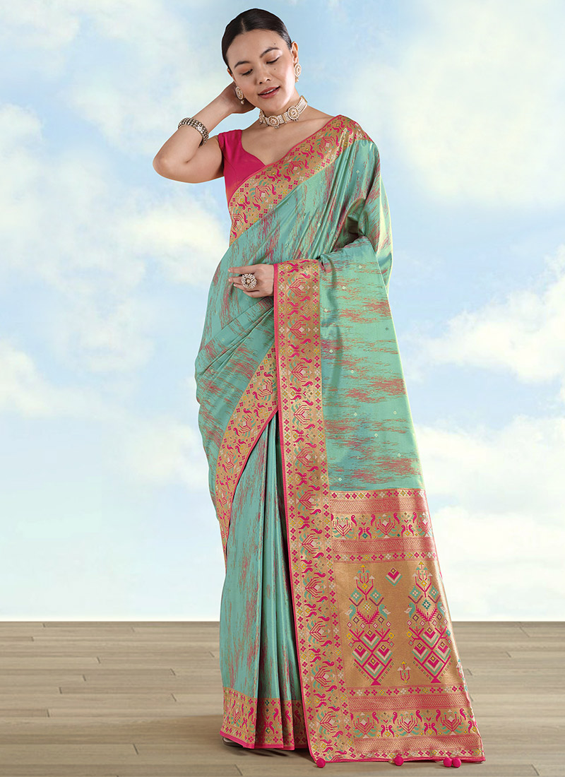 Elegant Sky Blue Banarasi Tissue Silk Zari Paithani Woven Saree Festive Wear