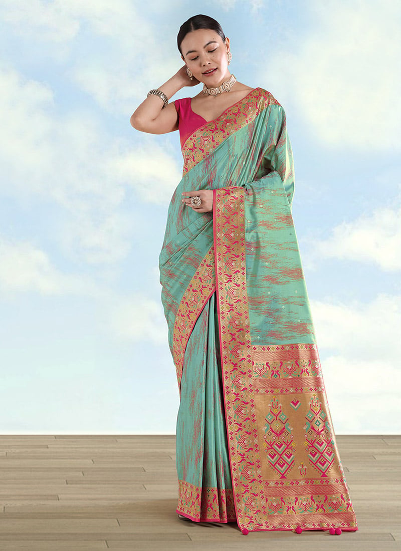 Elegant Sky Blue Banarasi Tissue Silk Zari Woven Paithani Saree Festive Wear