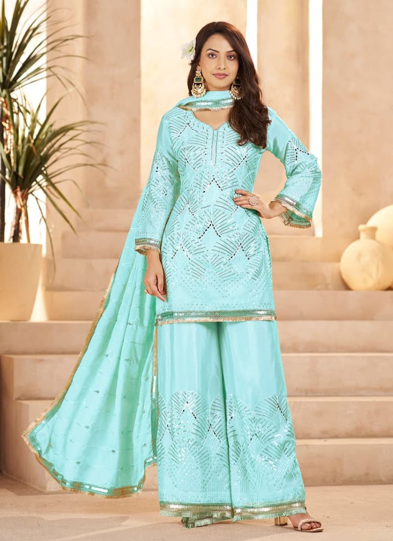 Elegant Sky Blue Chinon Embroidered Sequins Mirror Work Palazzo Suit Festive Wear