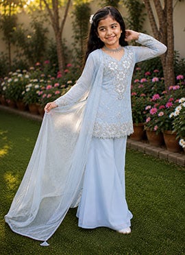Elegant Sky Blue Heavy  Georgette Sequence Work Kids Girls Palazzo Suit