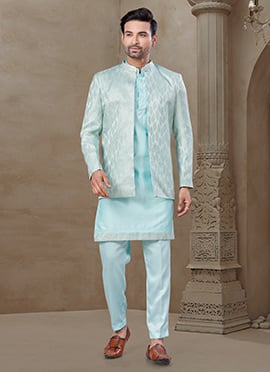 Elegant Sky Blue Malai Silk Embroidered Printed Bandi Set