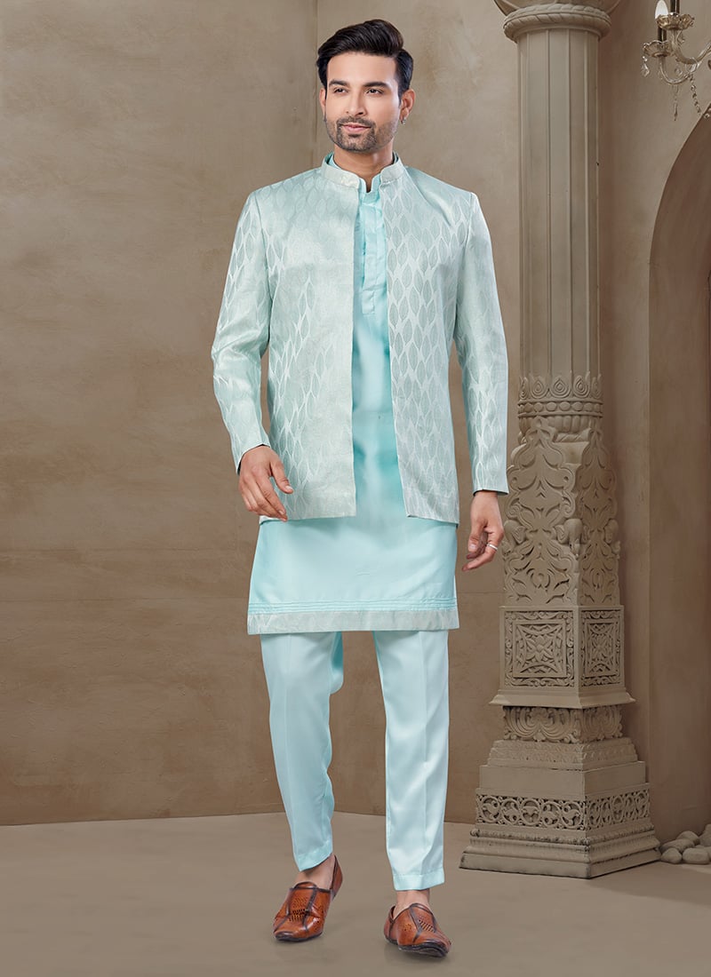 Elegant Sky Blue Malai Silk Embroidered Printed Bandi Set Festive Wear