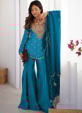 Elegant Sky Blue Shimmer Silk Embroidered Sequins Beads Thread Palazzo Suit