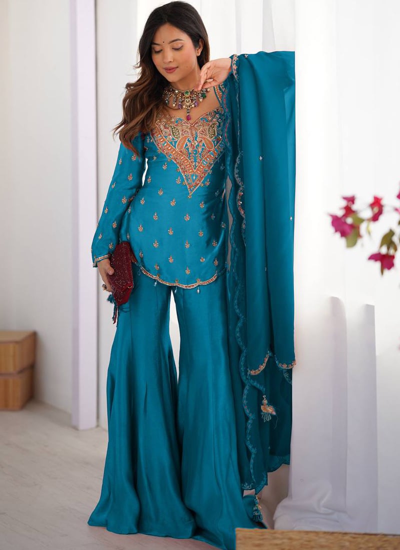 Elegant Sky Blue Shimmer Silk Embroidered Sequins Beads Thread Palazzo Suit Festive Wear