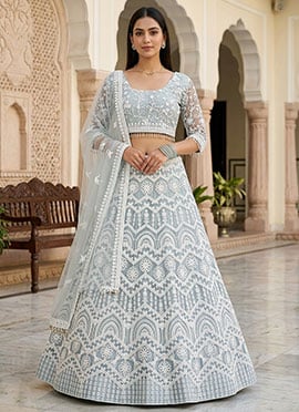 Elegant Sky Net Heavy Thread Embroidery Work Umbrella Lehenga