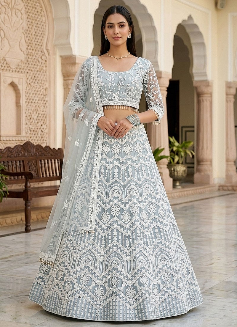 Elegant Sky Net Heavy Thread Embroidery Work Umbrella Lehenga After Six Wear