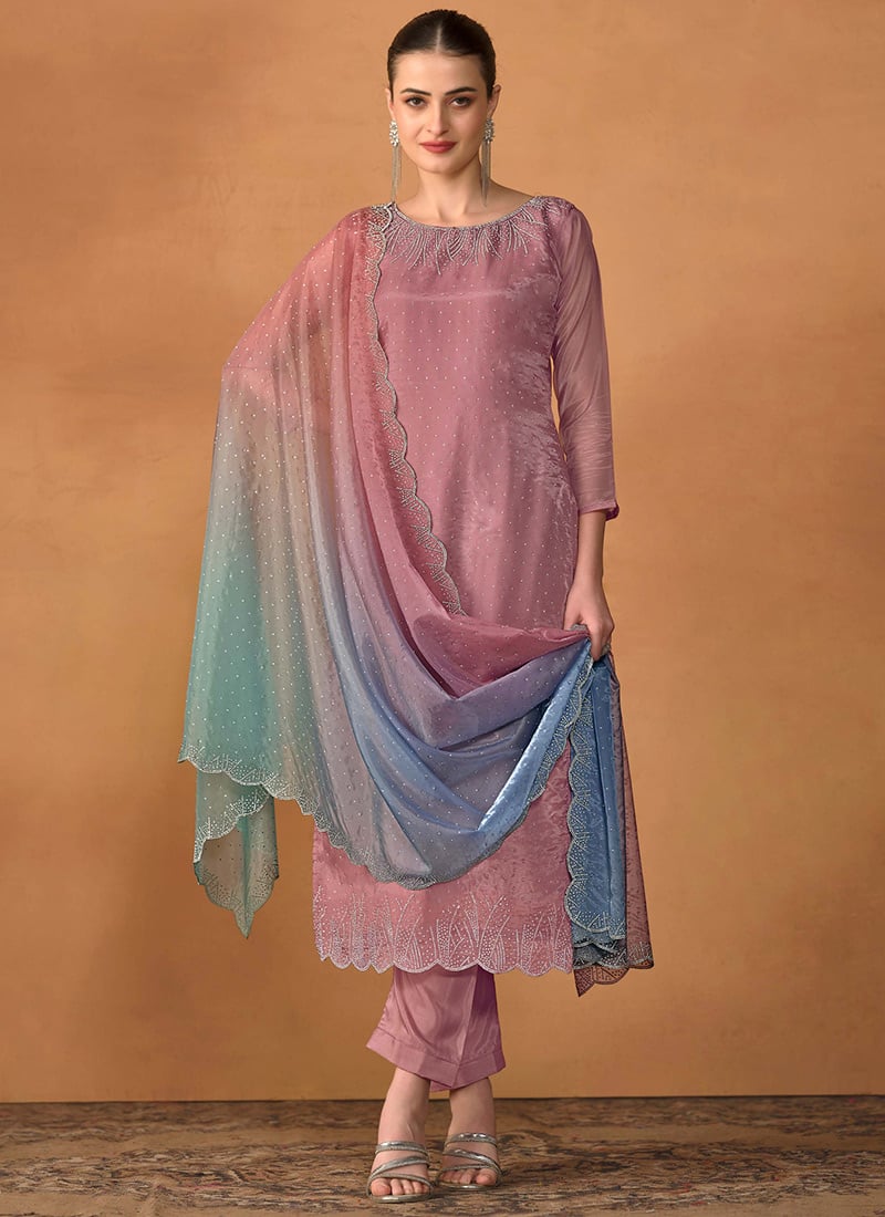 Elegant Stone Work Mauve Organza Straight Pant Suit Festive Wear