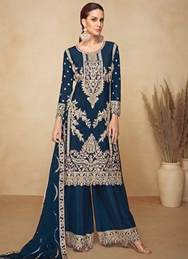 Elegant Teal Blue Chinon Zari Embroidered Sequins Palazzo Suit