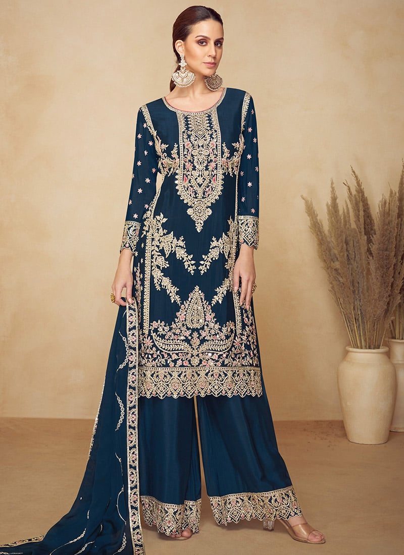 Elegant Teal Blue Chinon Zari Embroidered Sequins Palazzo Suit Festive Wear