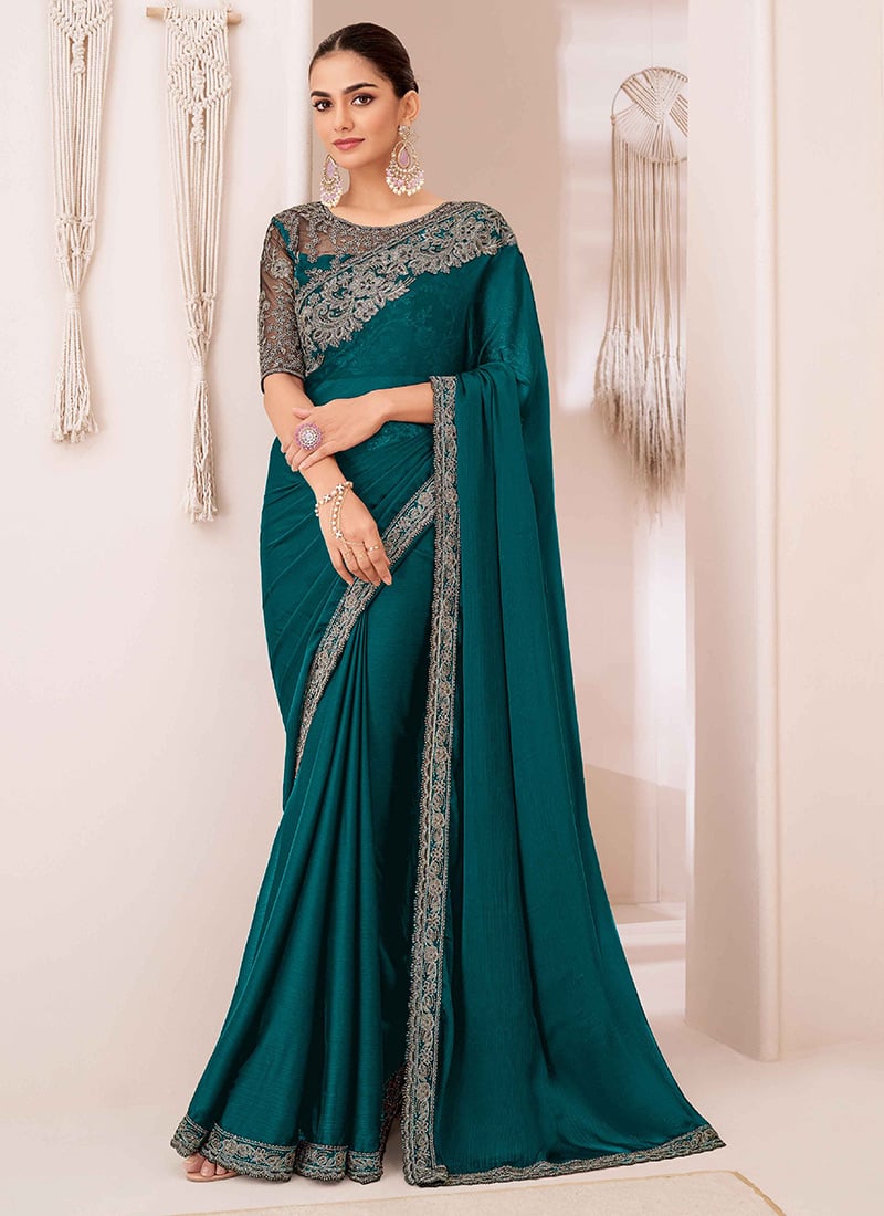 Elegant Teal Blue Georgette Chiffon Saree With Zari And Sequins Embroidery Festive Wear