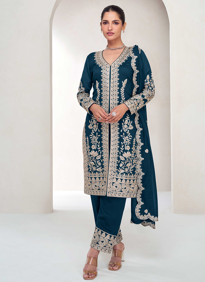 Teal Traditional Readymade Pakistani Pant Suit With Sequence Embroidery Work main image 0