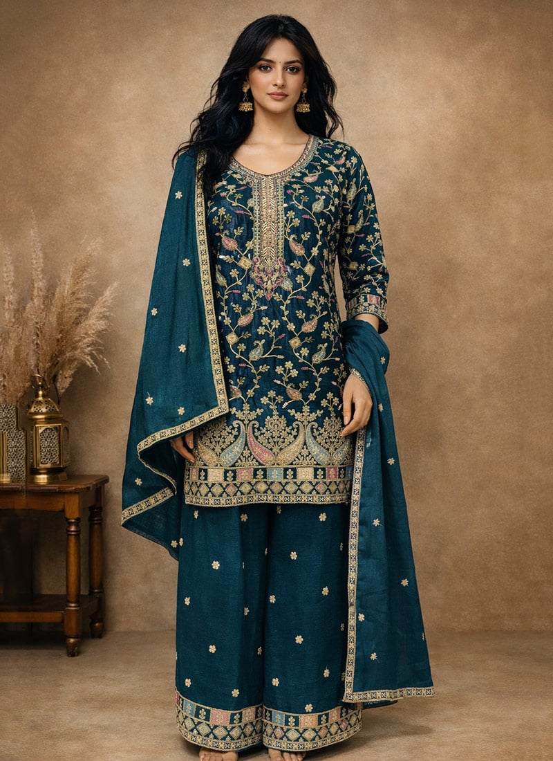 Elegant Teal Chinon Embroidered Sequins Palazzo Suit Festive Wear