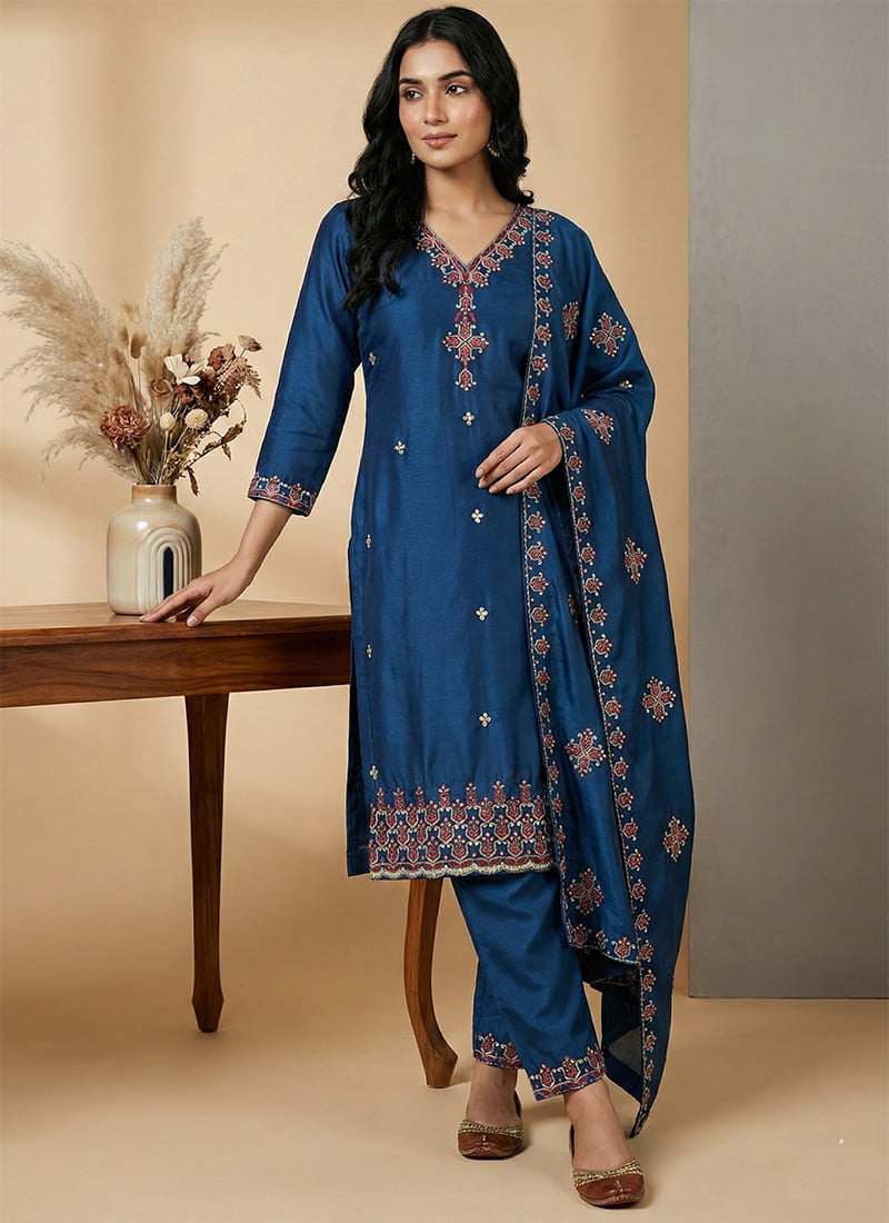 Elegant Teal Chinon Silk Embroidered Sequins Straight Pant Suit Festive Wear