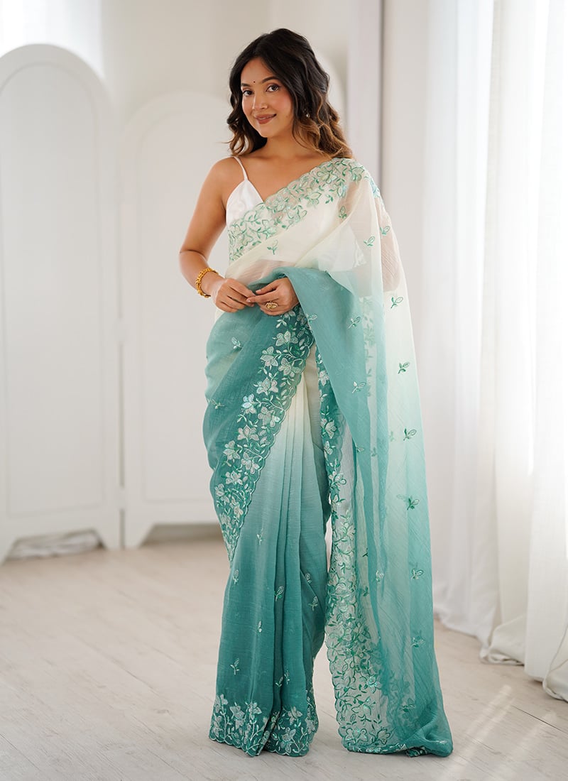 Elegant Teal Crunchy Georgette Sequins Embroidered Thread Saree After Six Wear