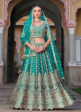 Elegant Teal Embroidered Stone Sequins Lehenga For Special Occasions