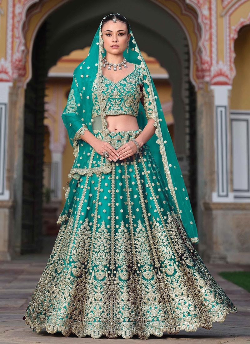 Elegant Teal Embroidered Stone Sequins Lehenga For Special Occasions Wedding Wear
