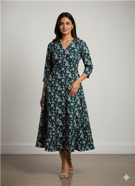 Elegant Teal Floral Chinon Midi Dress