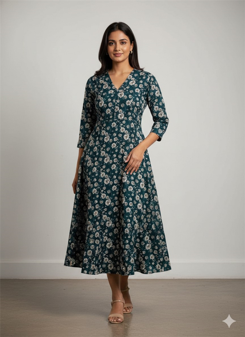 Elegant Teal Floral Chinon Midi Dress  After Six Wear