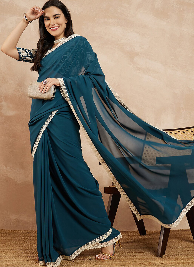 Elegant Teal Georgette Embroidery Cut Work Lace Saree After Six Wear