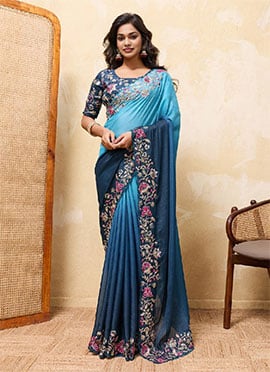 Elegant Teal Georgette Zari Embroidered Sequins Cut Work Thread Saree