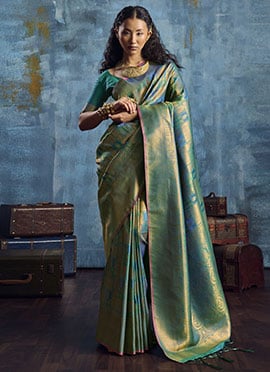 Elegant Teal Silk Handloom Zari Weaving Saree