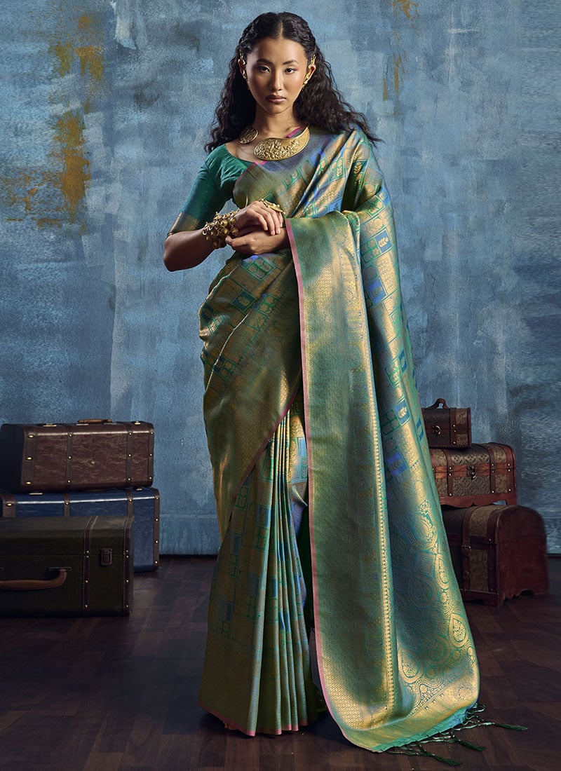 Elegant Teal Silk Handloom Zari Weaving Saree Festive Wear