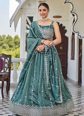 Elegant Teal Silk Thread Sequence Work Umbrella Lehenga