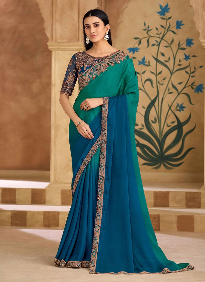 Elegant Twilight Blue Chiffon Embroidered Sequins Zari Saree Wedding Wear