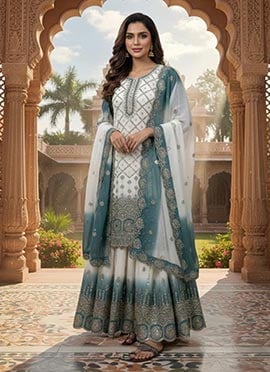 Elegant White And Blue Faux Georgette Embroidered Sequins Palazzo Suit