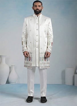Elegant White Armani Zari Embroidered Sequins Thread Mirror Work Indowestern Sherwani