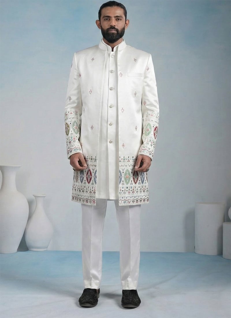 Elegant White Armani Zari Embroidered Sequins Thread Mirror Work Indowestern Sherwani Wedding Wear