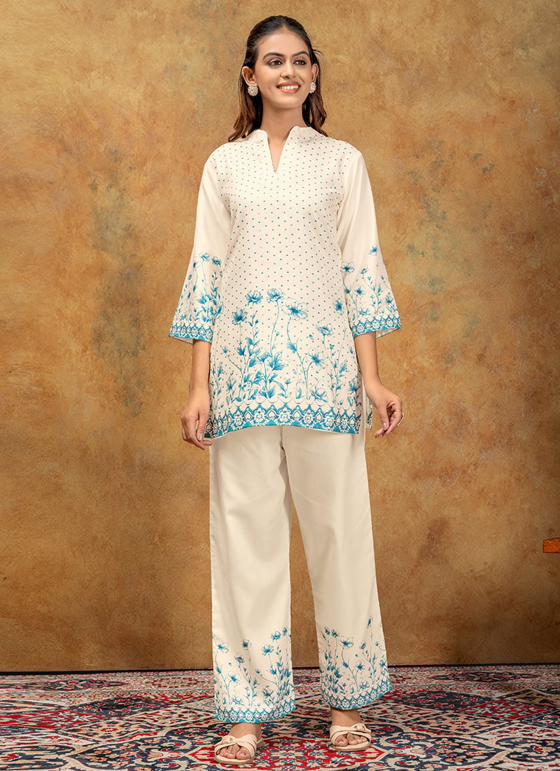 Elegant White Blended Cotton Printed Cord Set Work Wear
