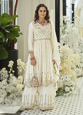 Elegant White Chinon Embroidered Sequins Mirror Work Palazzo Suit