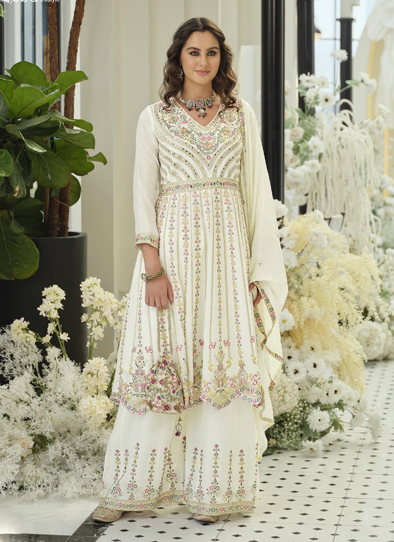 Elegant White Chinon Embroidered Sequins Mirror Work Palazzo Suit Festive Wear