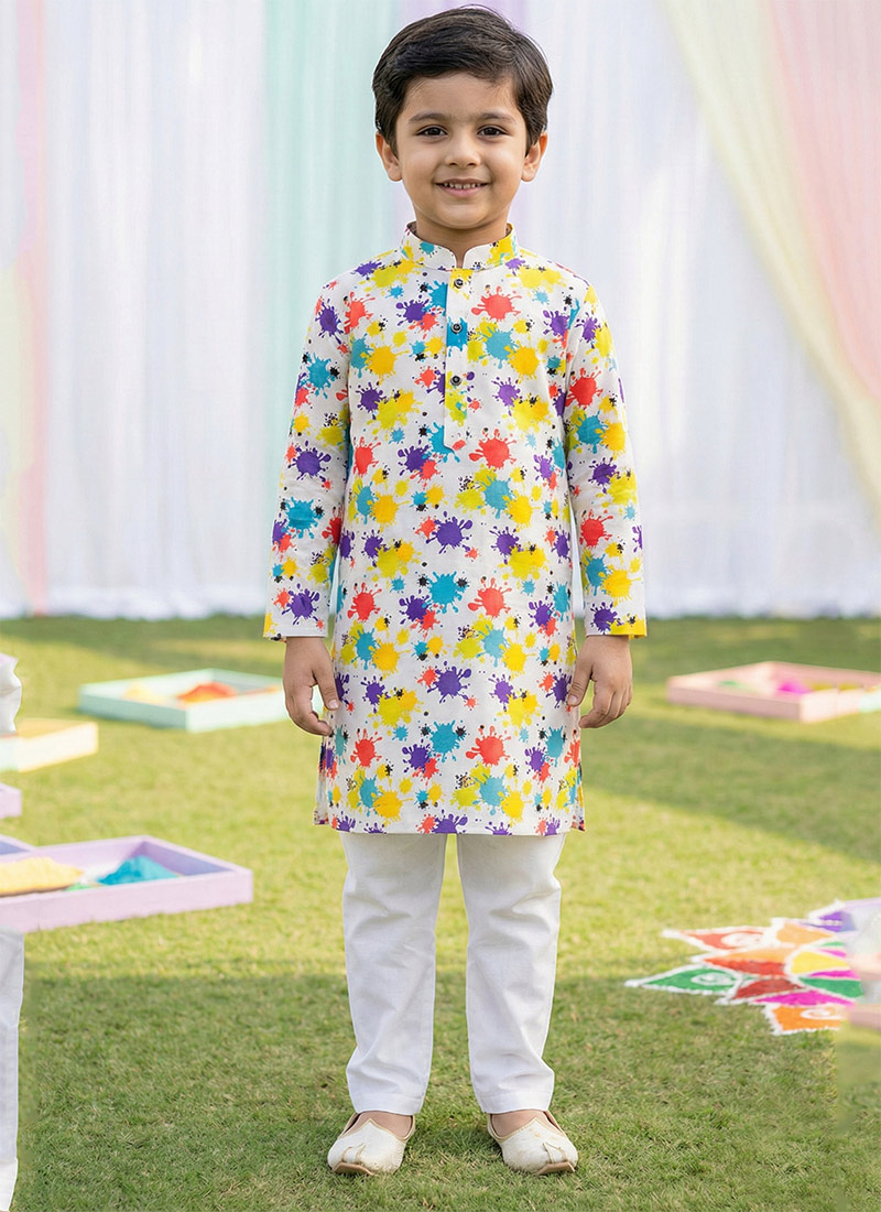 Elegant White Cotton Digital Print Kids Boys Kurta Pyjama Festive Wear