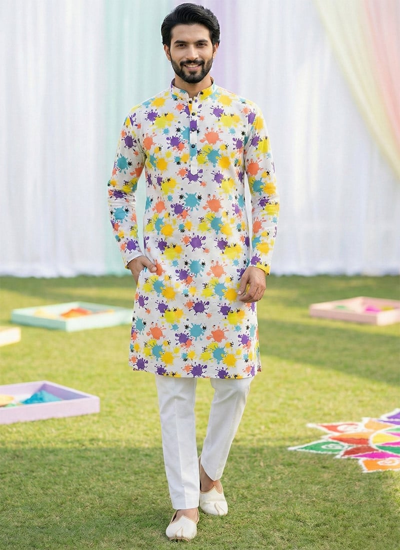 Elegant White Cotton Digital Print Kurta Pyjama Festive Wear