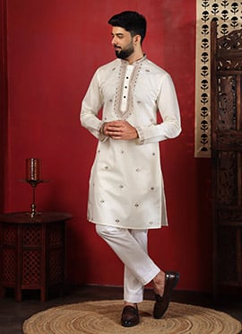 Elegant White Cotton Embroidered Kurta Pyjama