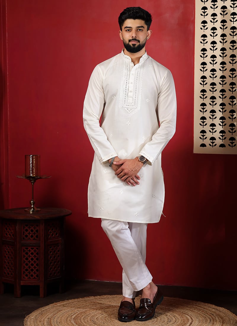 Elegant White Cotton Embroidered Kurta Pyjama Festive Wear