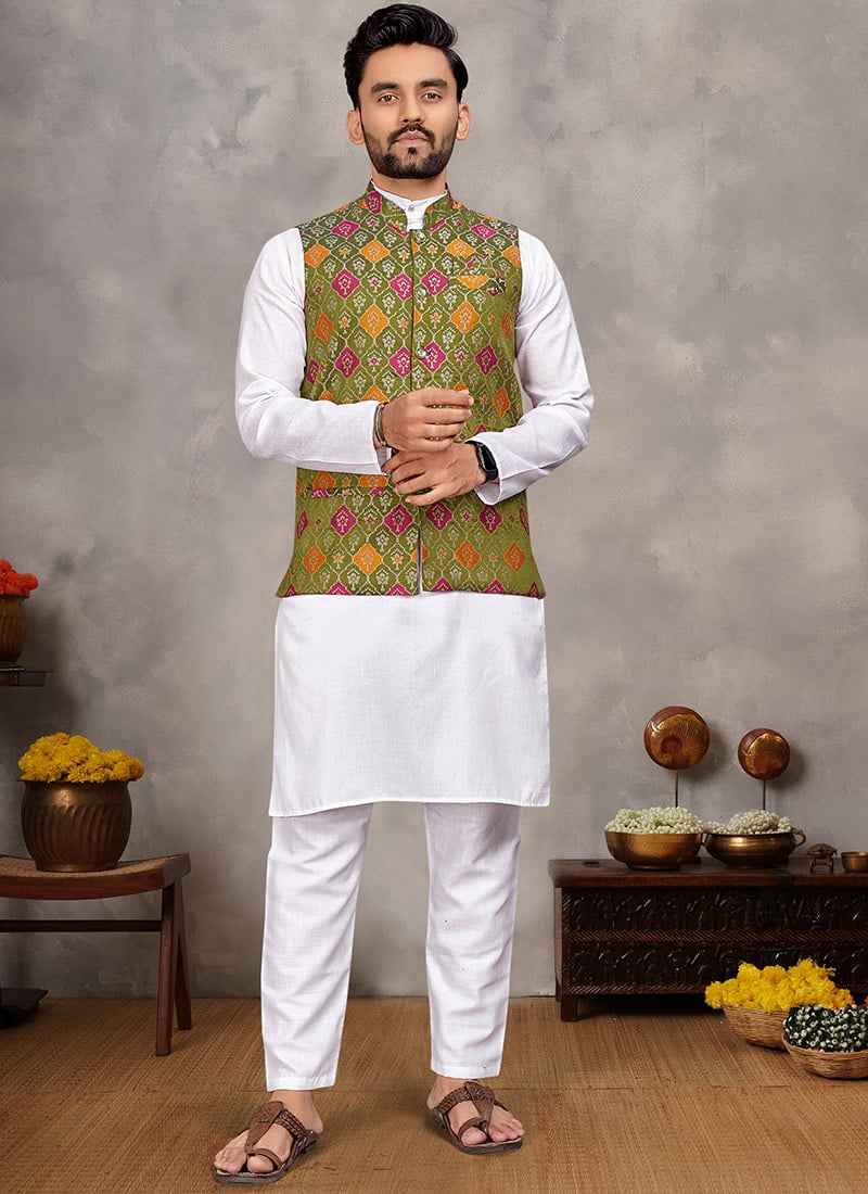 Elegant White Cotton Jacquard Bandi Set Festive Wear