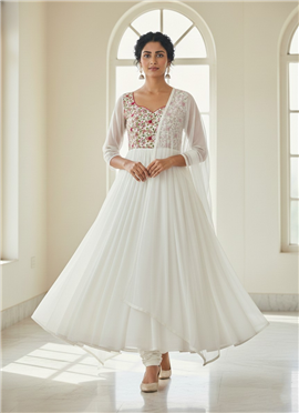 Elegant White Faux Georgette Anarkali Dress